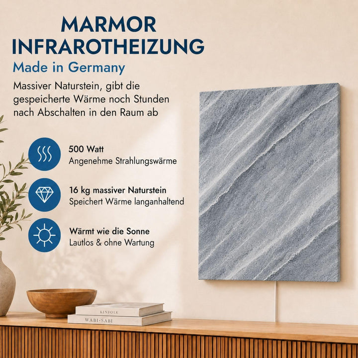 Marwona Naturstein Infrarotheizung mit Digitalthermostat I Qarama 800 W I Energiesparende Marmor Inf