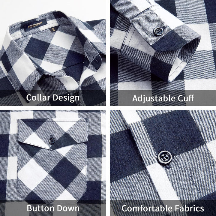 HISDERN Flanellhemd Herren Karierte Hemden Herren Langarm Button Down Baumwolle Holzfällerhemd Regul