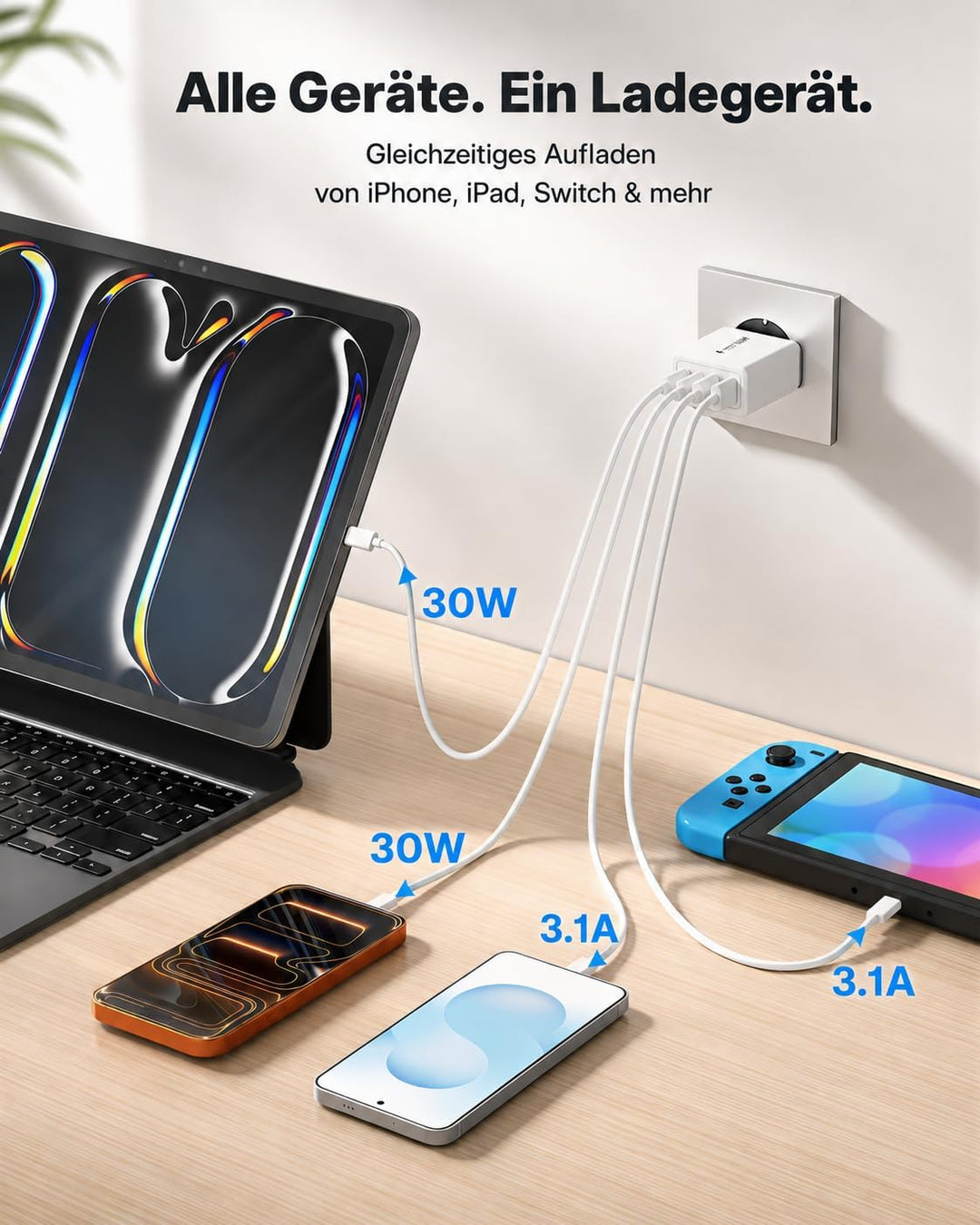 USB C Ladegerät 4-Port Schnellladegerät, 60W Mehrfach USBC Stecker Fast Charger Adapter USB C Netzte