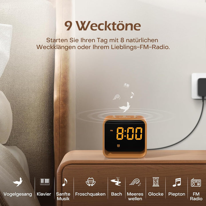 REACHER Radiowecker für das Schlafzimmer, Digitale FM Radiouhr mit Weissrausch-Soundmaschine, 9 Alar
