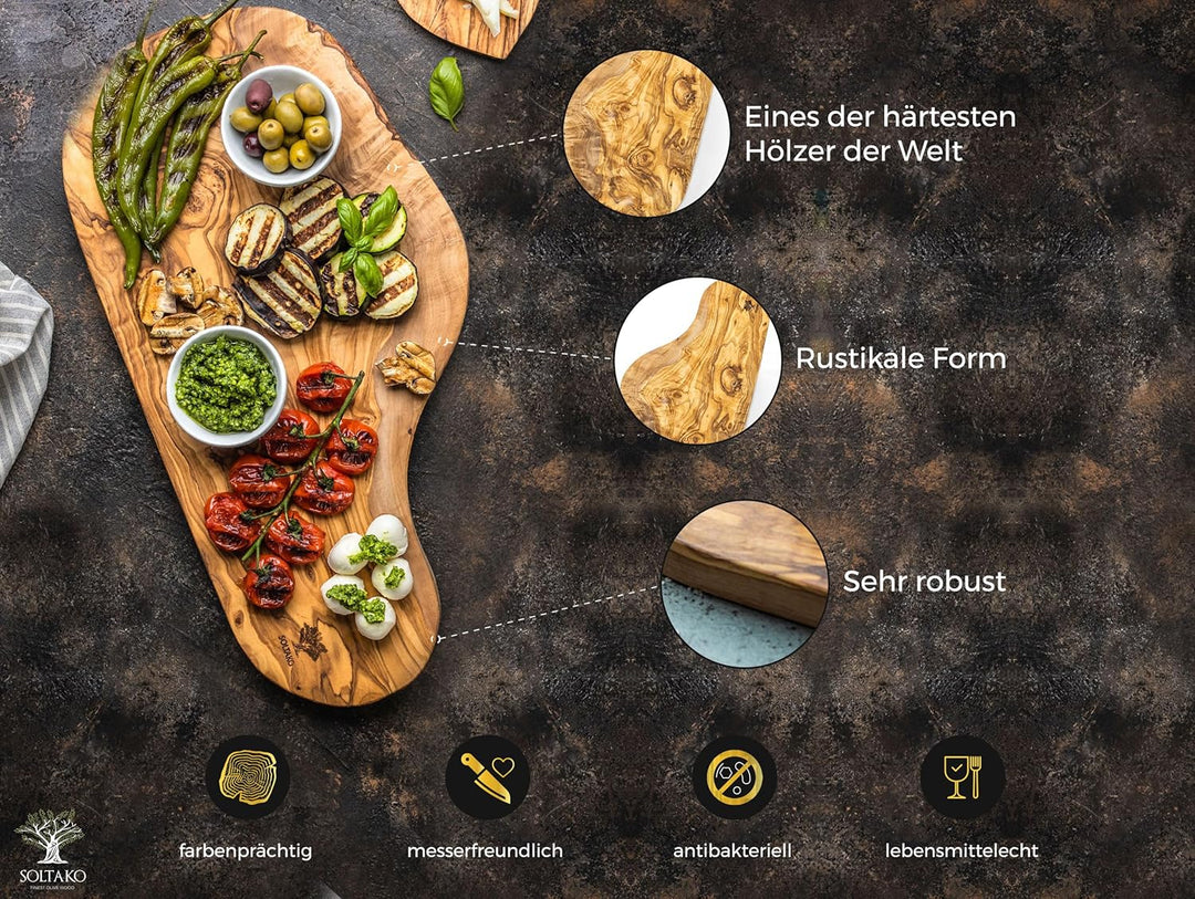 SOLTAKO Brett aus Olivenholz, Olivenholzbrett Schneidebrett, Holzbrett, Frühstücksbrett, Steakbrett,