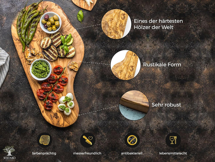 SOLTAKO Brett aus Olivenholz, Olivenholzbrett Schneidebrett, Holzbrett, Frühstücksbrett, Steakbrett,