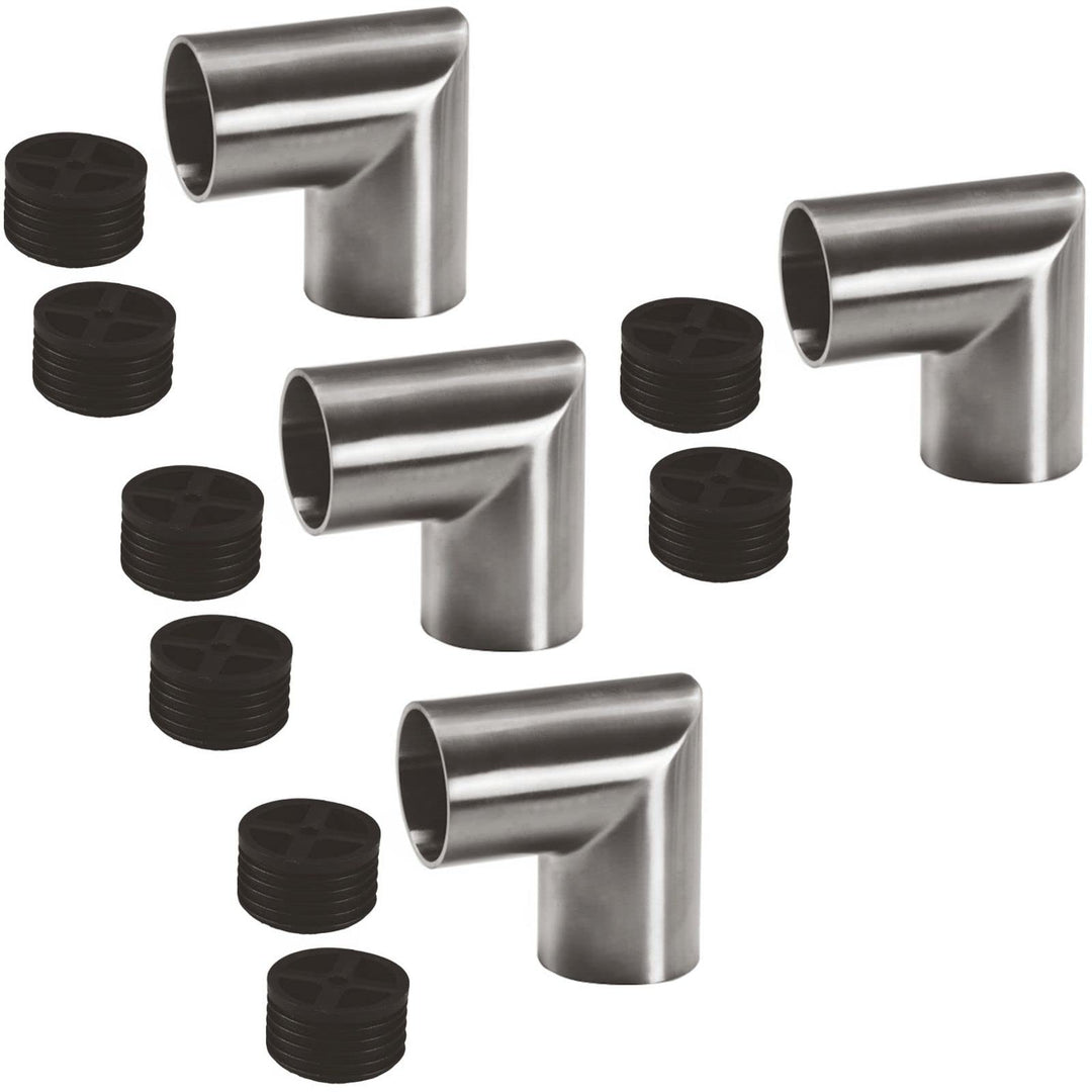 4 x Edelstahl Rundbogen 90° eckig inkl. 2 Adapter für Holzhandlauf Ø 42 mm 4 Eckverbinder 90°, 4 Eck