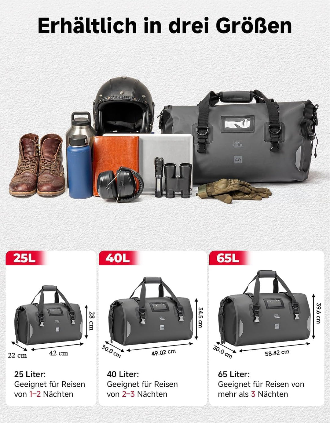 KEMIMOTO Motorrad Hecktasche 40L, IPX6 wasserdichte Motorradtasche Gepäckrolle mit Schnellverschluss