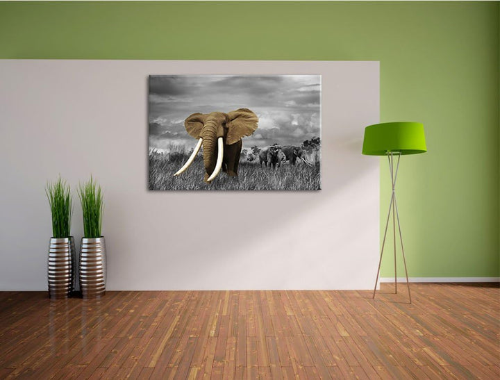 Elefanten in der Savanne schwarz/weiss Format: 100x70 auf Leinwand, XXL riesige Bilder fertig gerahm