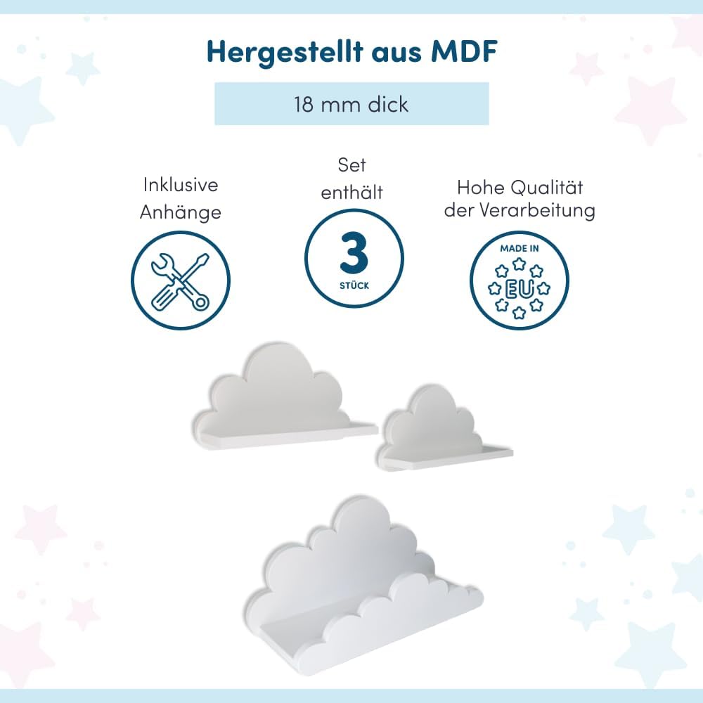 3er Set Wandregal Kinderzimmer Weiss | Babyzimmer Wolkenregal für Bücher, Spielzeug, Dekoration | Re