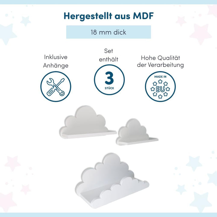 3er Set Wandregal Kinderzimmer Weiss | Babyzimmer Wolkenregal für Bücher, Spielzeug, Dekoration | Re