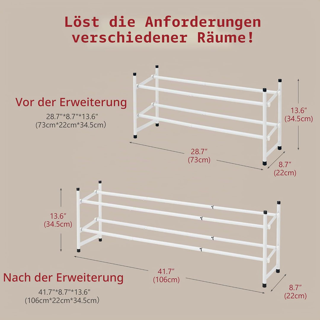 Tajsoon 2-stöckiges, Ausziehbares Schuhregal, 71–104 cm Verstellbar und Stapelbar, Schuhablage aus M