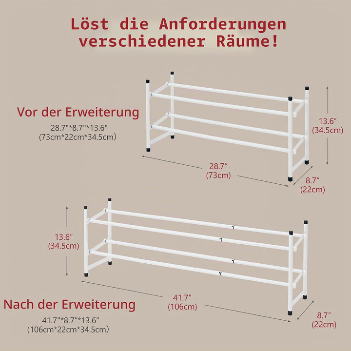 Tajsoon 2-stöckiges, Ausziehbares Schuhregal, 71–104 cm Verstellbar und Stapelbar, Schuhablage aus M
