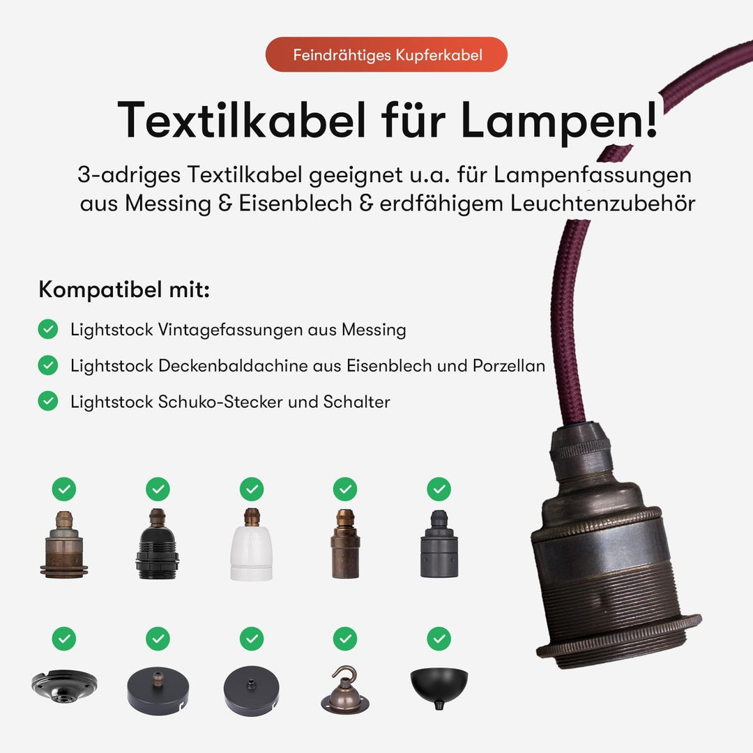 Textilkabel für Lampe, Stoffkabel 3-adrig (3x0,75mm²), Schwarz - 5 Meter 5 Meter Schwarz, 5 Meter Sc