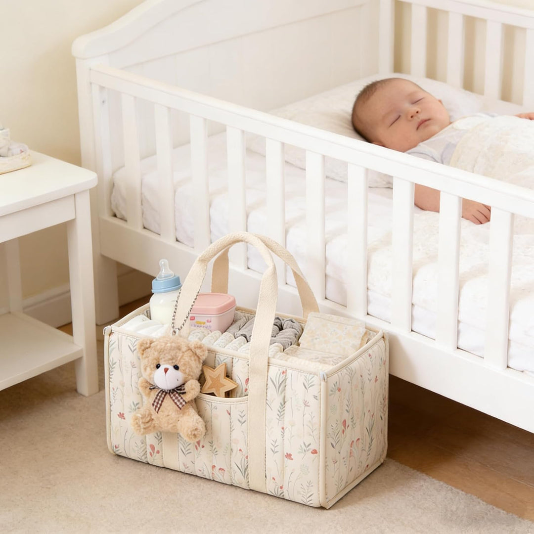 XQLY Windel-Caddy Organizer mit süssem Bären-Anhänger, Wildblumen-Blumenmuster, tragbarer Baby-Kinde