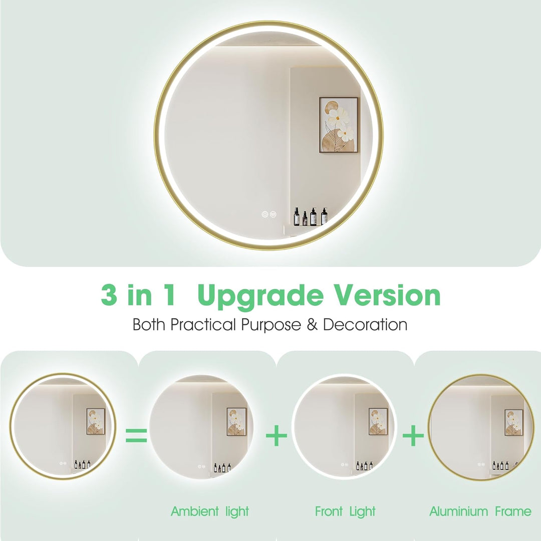 S'bagno Badspiegel mit Beleuchtung 60cm, Spiegel Rund mit Beleuchtung mit Aluminiumrahmen, Entfoggen