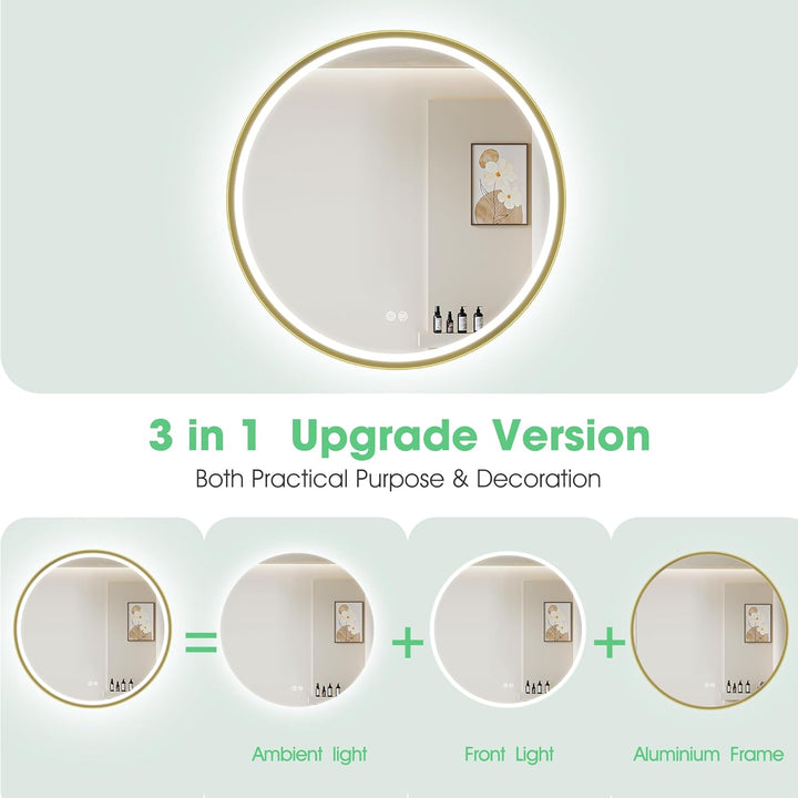 S'bagno Badspiegel mit Beleuchtung 60cm, Spiegel Rund mit Beleuchtung mit Aluminiumrahmen, Entfoggen
