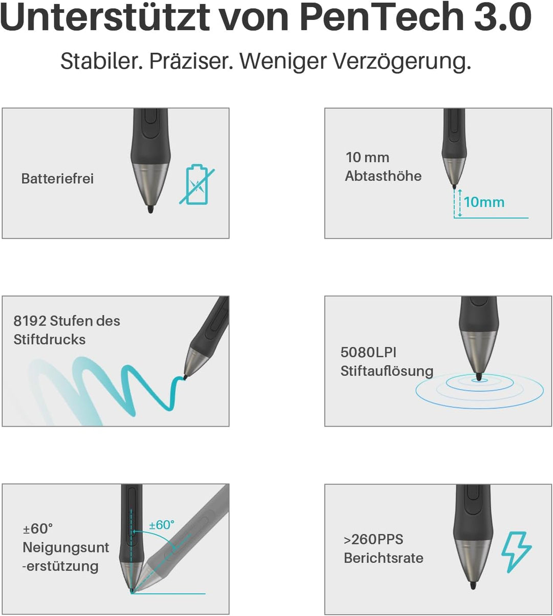 HUION Digitaler Stift PW110 Schwarz, PenTech 3.0 Batteriefreier, rutschfestem & schweissresistentem