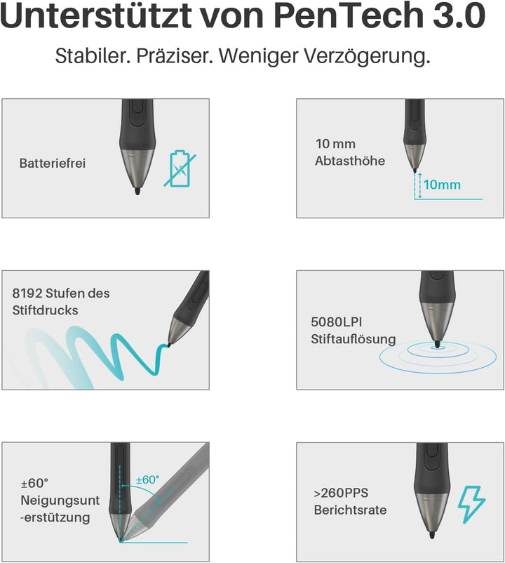HUION Digitaler Stift PW110 Schwarz, PenTech 3.0 Batteriefreier, rutschfestem & schweissresistentem
