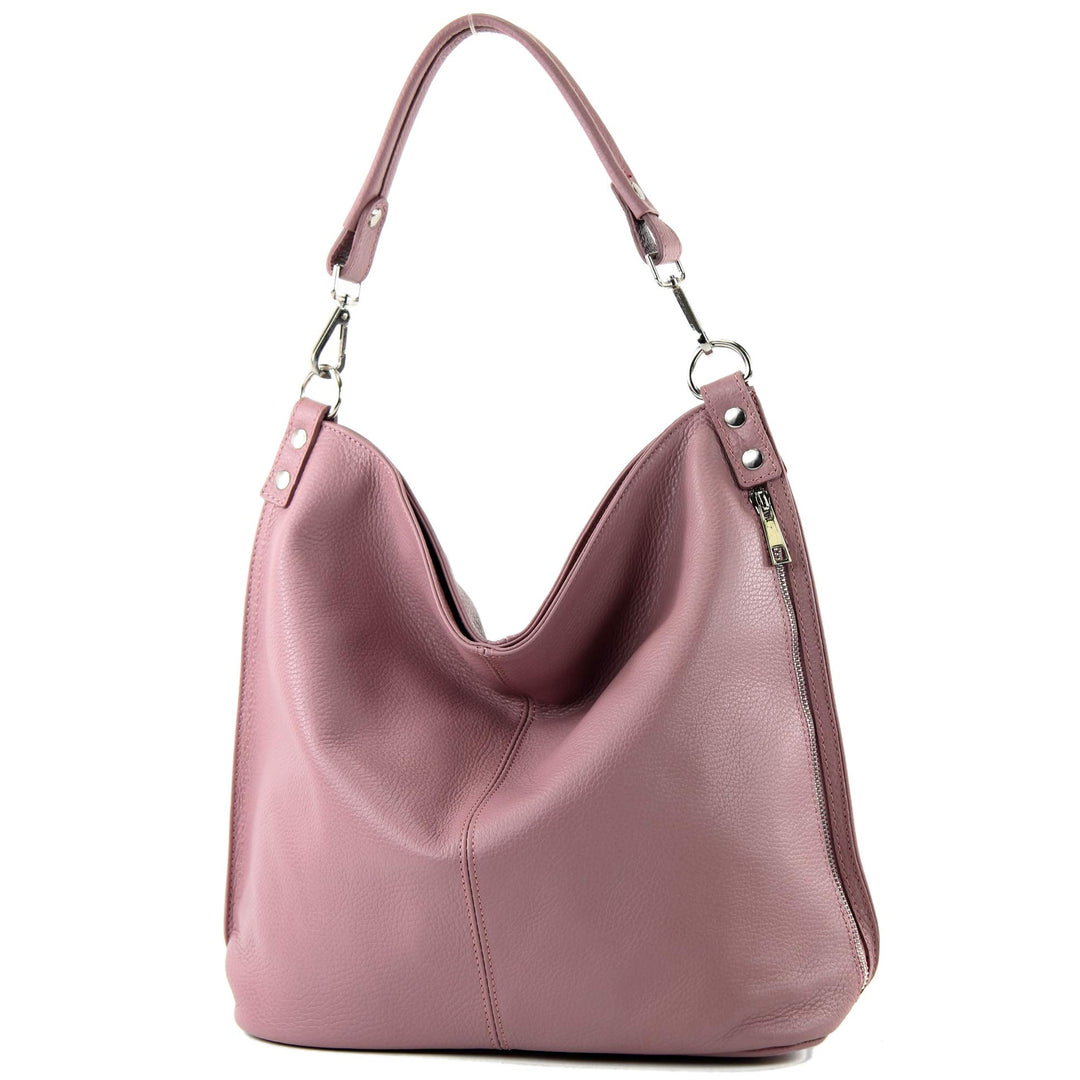 modamoda de - T177 - ital. Damen Schultertasche aus Leder Altrosa, Altrosa