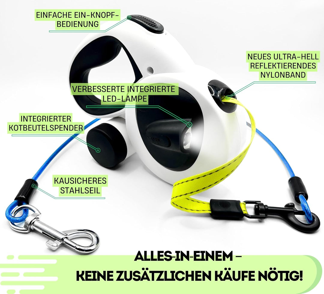 Snuggle Paws Hundeleine 5m Ausziehbar – Alles-in-Einem: Verbesserter LED-Lampe, Kotbeutelspender, An