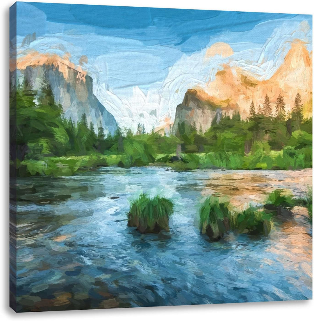 Pixxprint Fluss in den Bergen als Leinwandbild/Grösse: 70x70 cm/Wandbild/Kunstdruck/fertig bespannt,