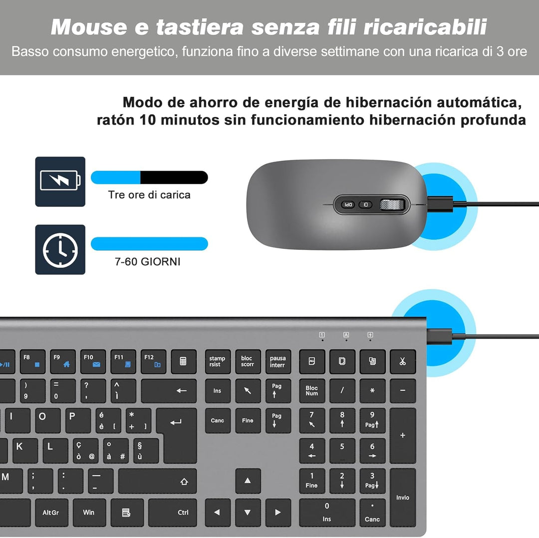 cimetech Kabellose Tastatur und Maus, kabellos, wiederaufladbar, 2,4 G, italienisches QWERTY-Layout,