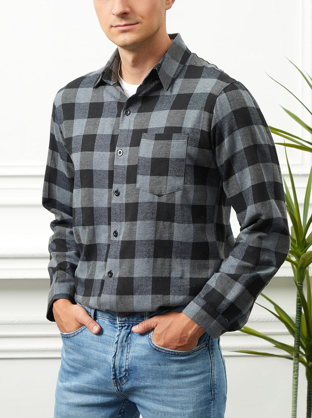 Yukiuiny Herren Holzfällerhemd 100% Baumwolle Langarm Kariertes Hemd Casual Button Down Flanell Frei