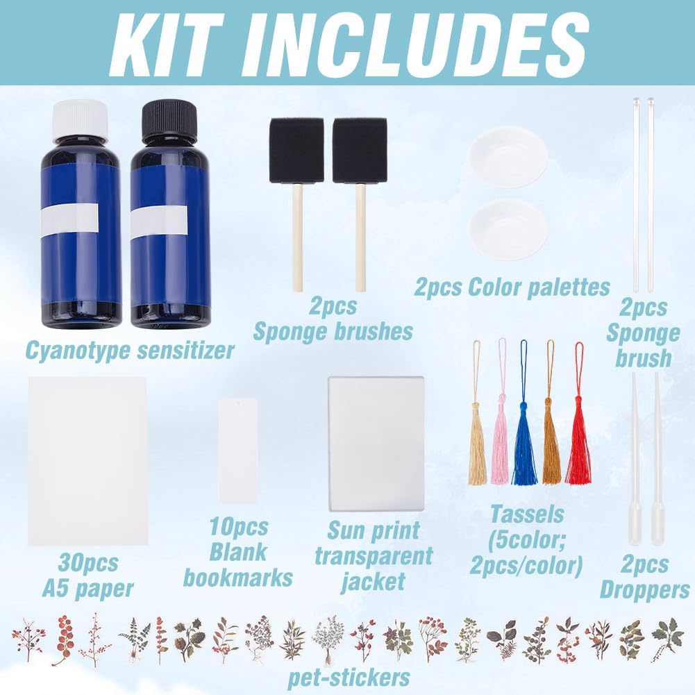 WEBEEDY Cyanotype Set Blumen Blätter Cyanotypie Papier Sonnenkunstpapiere Set Enthält 30 Blätter A5