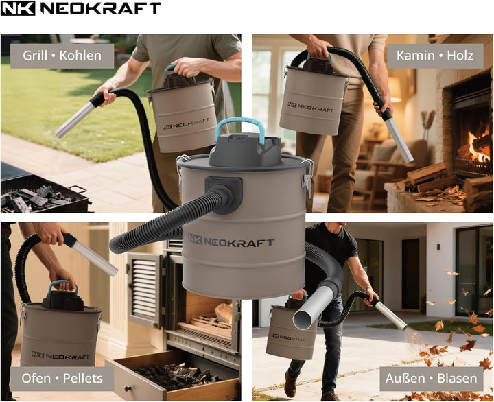 Neokraft Aschesauger 1600W – Elektrischer Aschestaubsauger für Kamin und Grill – Saugen und Blasen –