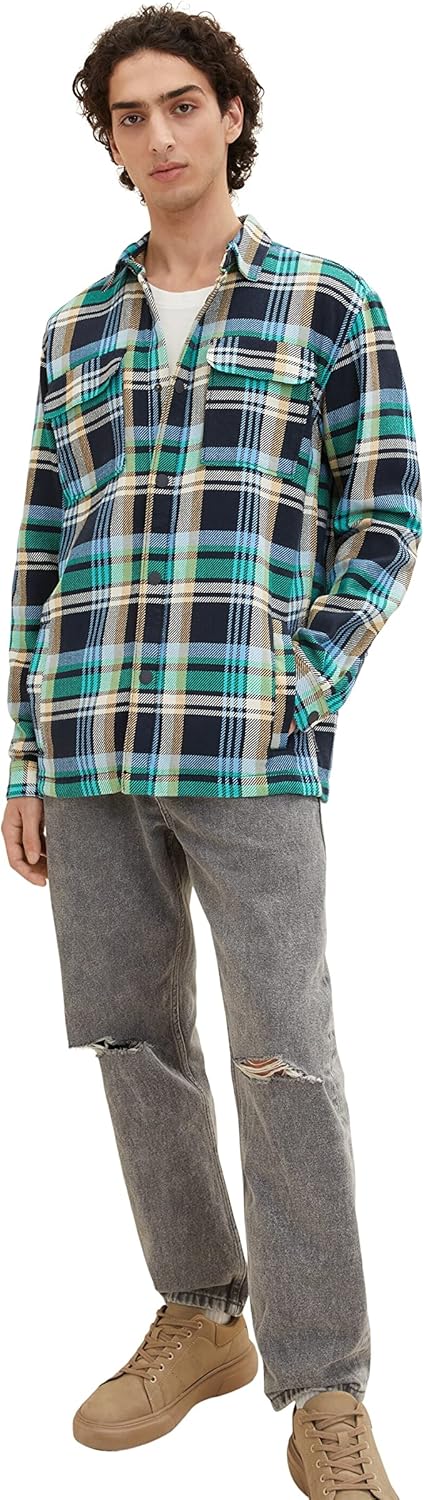 TOM TAILOR Denim Herren Overshirt aus Flanell mit Karo-Muster L 31568 - Navy Blue Green Big Check, L