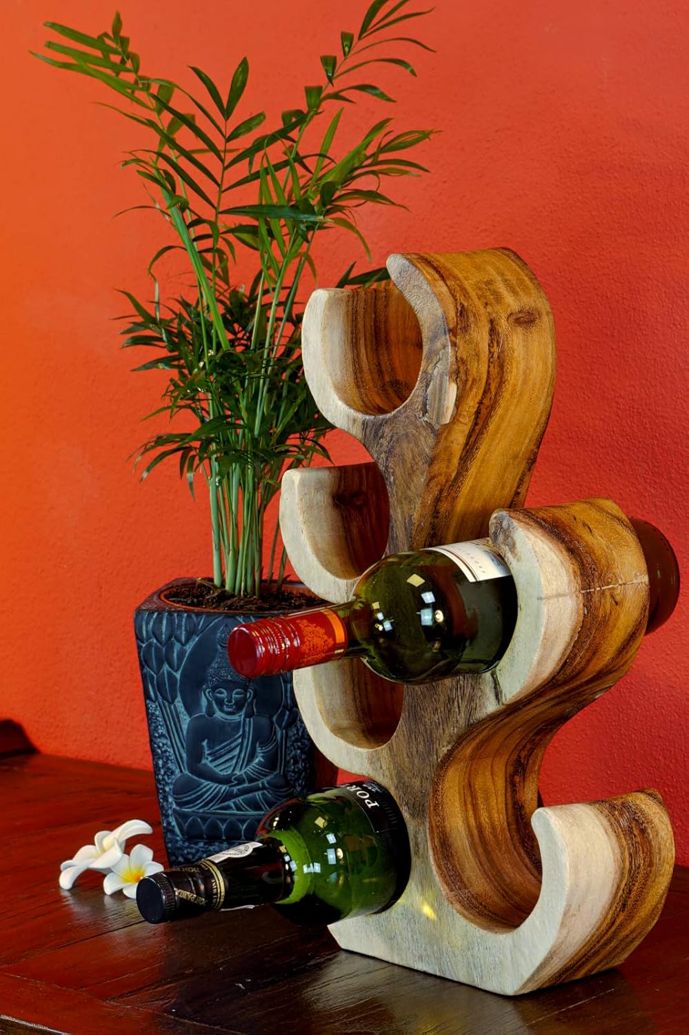 Kinaree Suar Holz Wein-Regal klein – Massivholz Design Flaschenregal für 6 Flaschen | Handgefertigt