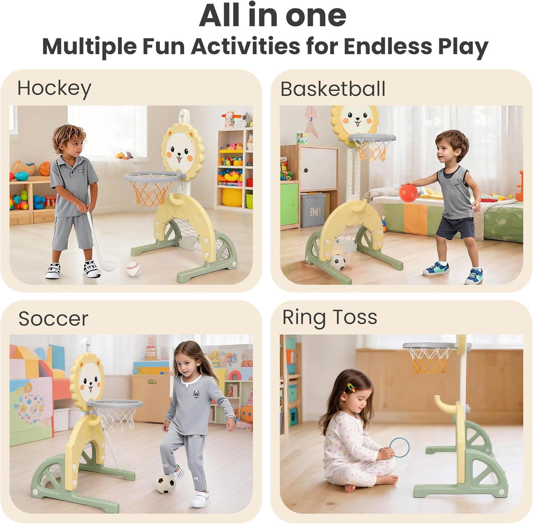 3-in-1 Kinder Basketballkorb Set, Höhenverstellbarer Basketballständer mit Fussballtor und Ringwurf,