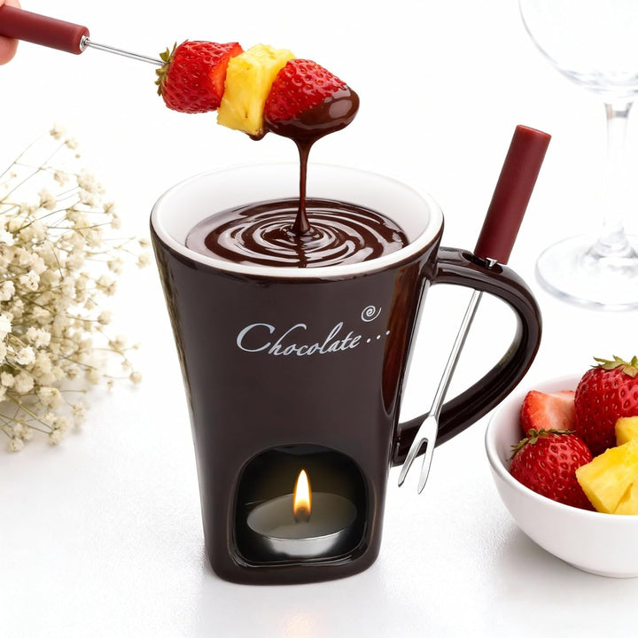 Schokofondue Tasse Keramik 130ML Schoko Fondue Cup mit Teelichthalter und Gabeln Schokoladenfondue S