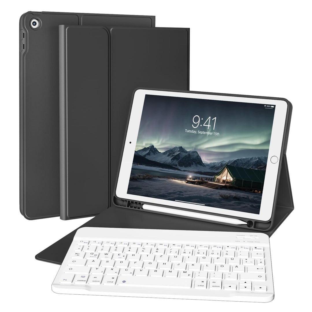 Tastatur Hülle für iPad 9./ 8./ 7.Gen (2021/2020/2019) mit Stifthalter, Soft TPU Schutzhülle, magnet