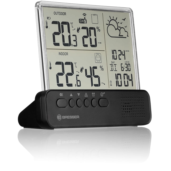 Bresser Funkwetterstation mit Aussensensor transparentem Display Temperatur Luftfeuchtigkeit Wecker