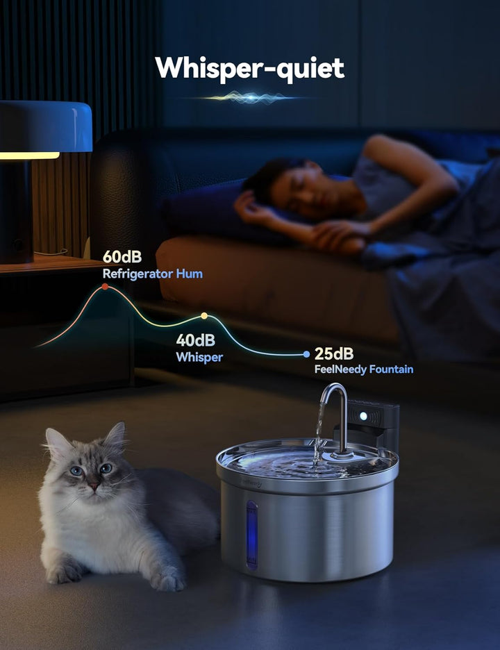 FEELNEEDY 3,5L Katzenbrunnen Edelstahl Kabellos mit Sensor, Trinkbrunnen für Katze mit Akku 4000mAh