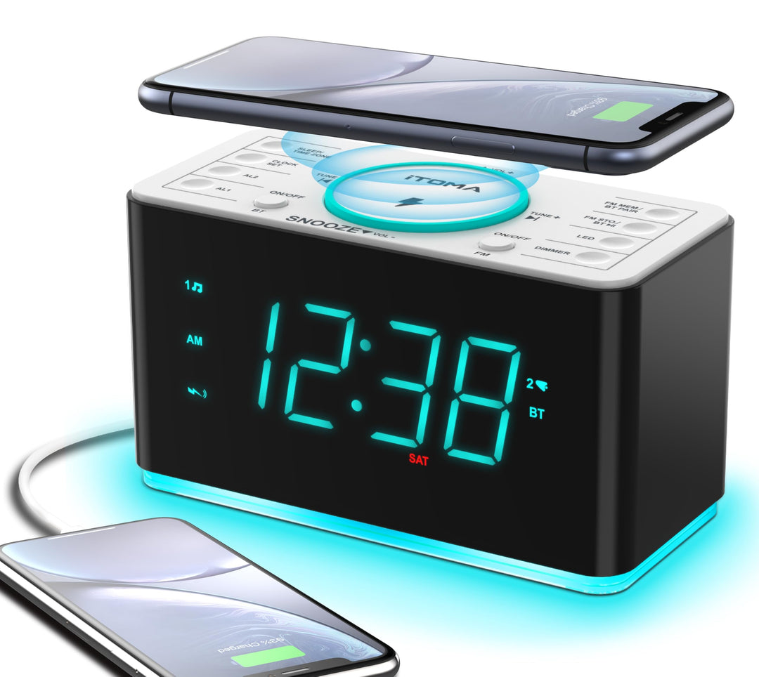 Radiowecker mit USB-Ladegerät, Bluetooth-Lautsprecher, Kabelloses Laden, Dual Wecker, LED Nachtlicht