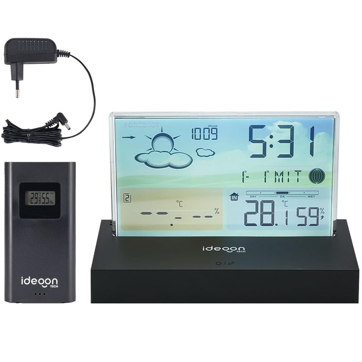 ideoon Moderne Funk-Wetterstation farbig: Rahmenloses LCD-Display für präzise Wetterprognose & Hygro