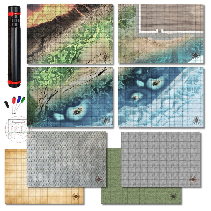 DND Map D&D 5E Grid 4Mat 8Scenarios w/Dry-Erase Pens&AOE Spell Template 23x33Double-Side Dungeons an