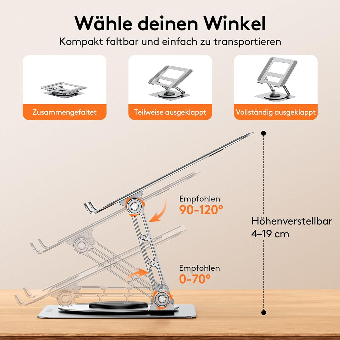 TECKNET 360° Laptop Ständer Höhenverstellbar, Verstellbarer Notebook Halterung aus Metall mit Doppel