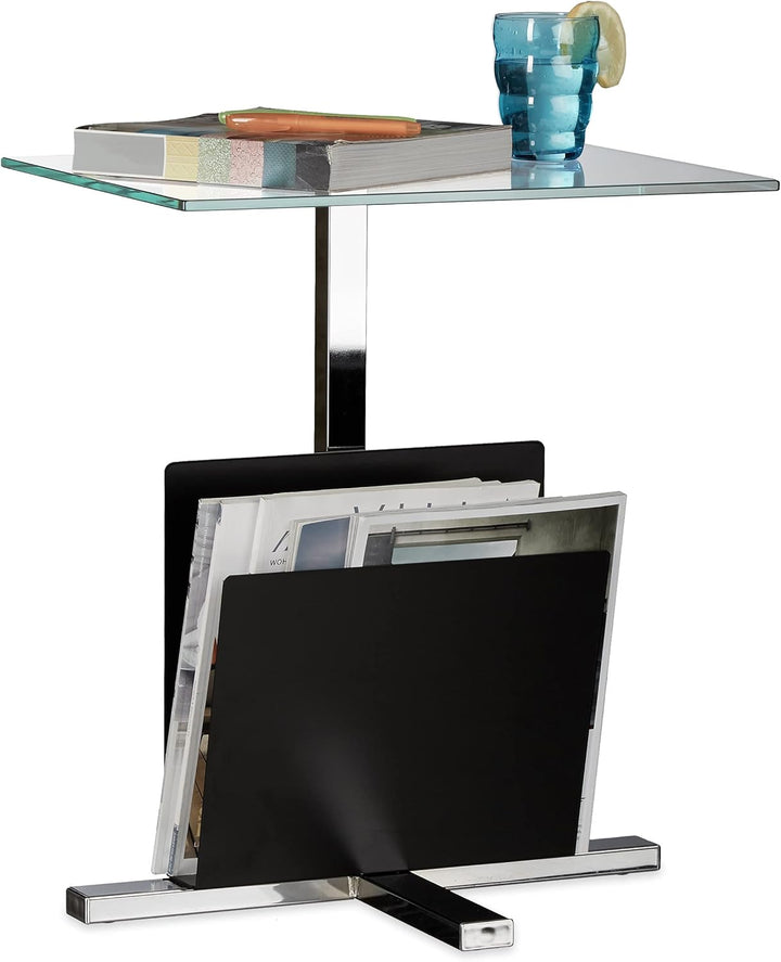 Relaxdays Beistelltisch mit Zeitungsständer, Metall, Glas Couchtisch, Zeitungsablage, HxBxT: 53 x 46