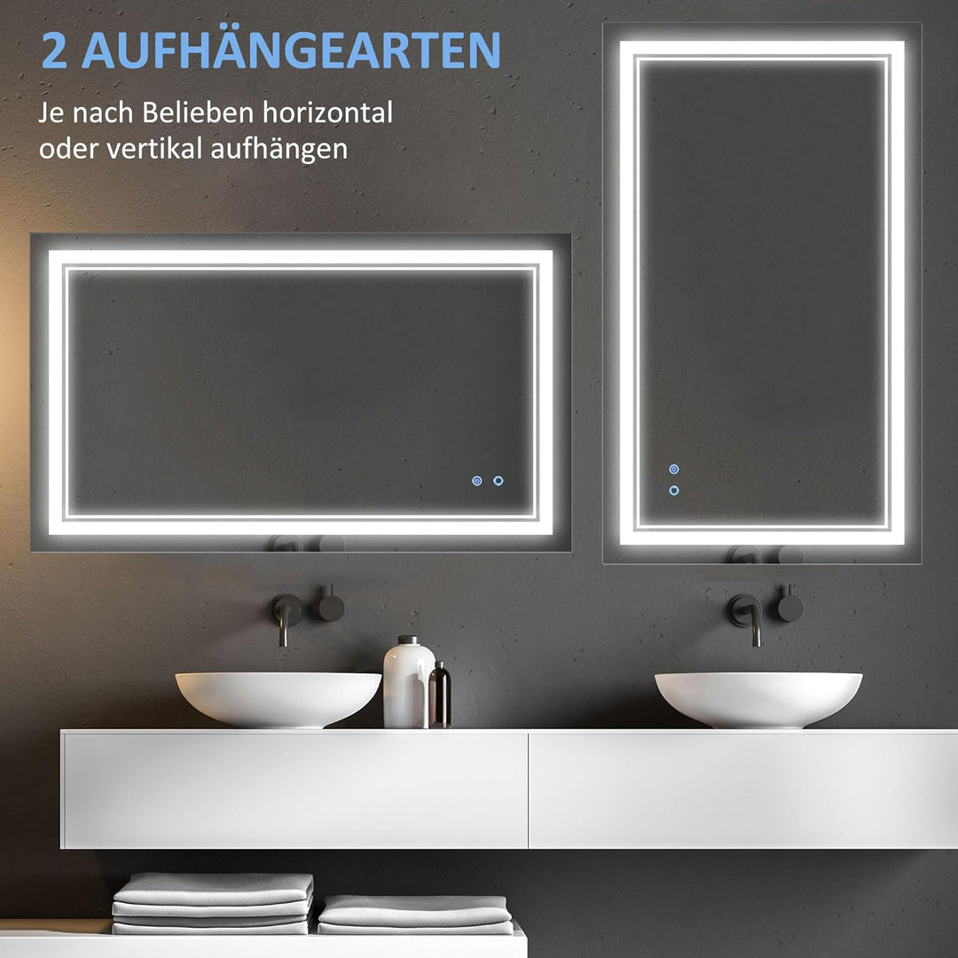 kleankin Badspiegel, Badezimmerspiegel mit LED-Beleuchtung, Wandspiegel mit Touchschalter, 3 Lichtfa