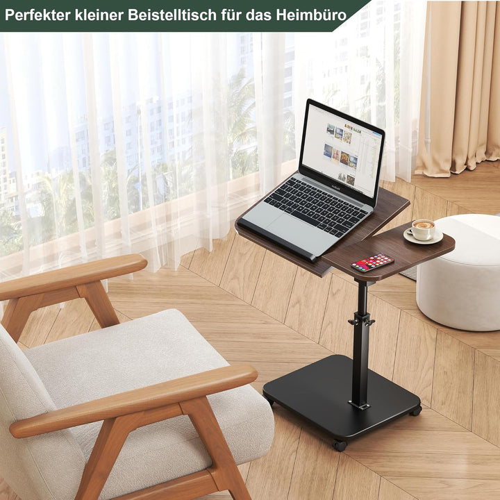 Beistelltisch mit Rollen Höhenverstellbar, Holz Couch Beistelltische c Form 360° Rotierend, Top Kipp