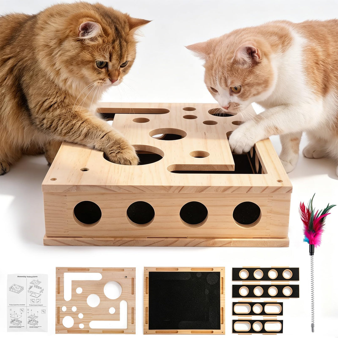 Katzen Kratzpuzzle 2-in-1 Nagelfeilen Box mit Sandpapier, Interaktives Katzenspielzeug Holz für Stre
