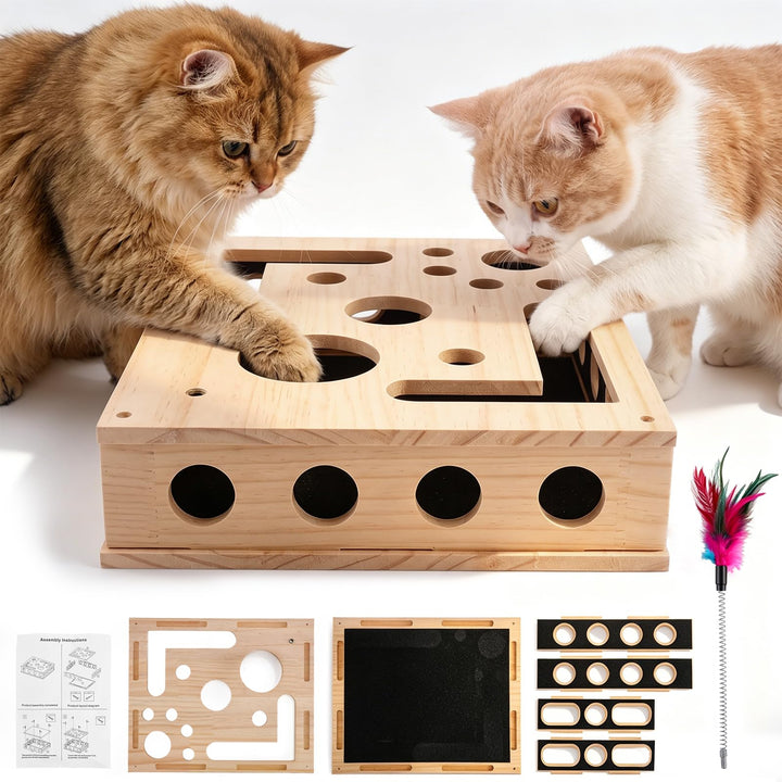 Katzen Kratzpuzzle 2-in-1 Nagelfeilen Box mit Sandpapier, Interaktives Katzenspielzeug Holz für Stre