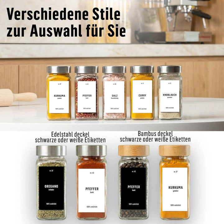 Deco haus® Gewürzgläser eckig mit Schraubkappe 36er Set [+Etiketten &amp; Streueinsatz] - Gewürzdosen Se