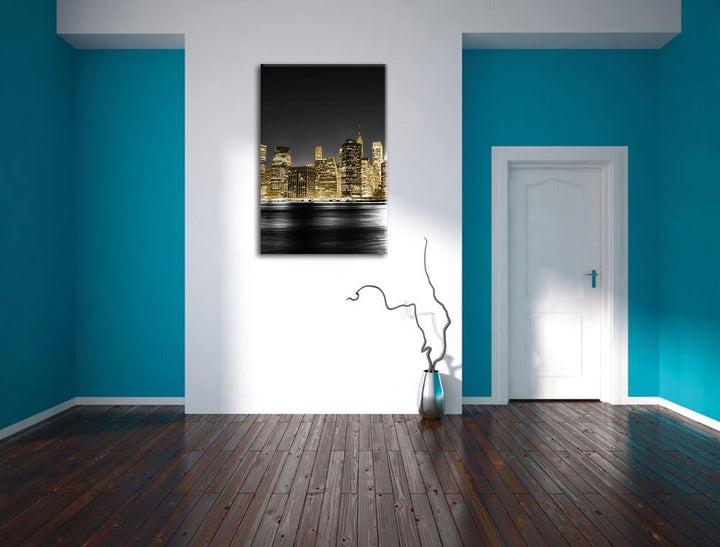 Pixxprint Manhattan Skyline bei Nacht als Leinwandbild/Grösse: 100x70 cm/Wandbild/Kunstdruck/fertig