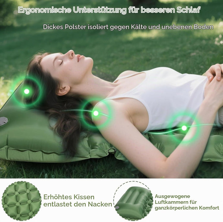 Isomatte Camping, Luftmatratze Ultraleicht mit Fusspresspumpe&amp; Kissen, Aufblasbare Verbindbar Matrat