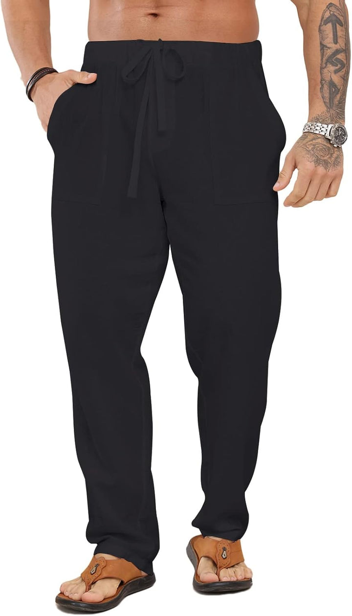 Halfword Leinenhose Herren Hose Lang Freizeithose Strandhose Sommer Leichte Tasche Kordelzug Urlaub