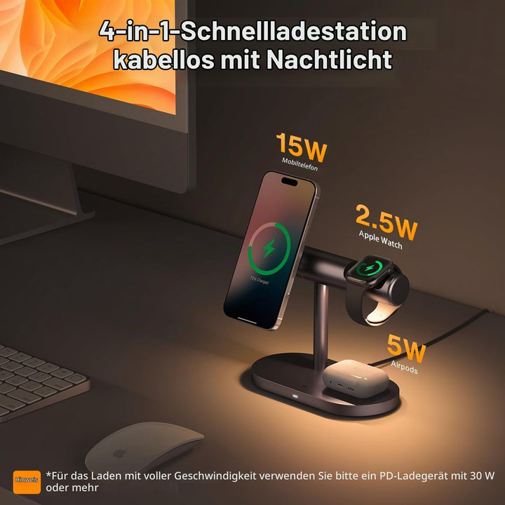 iVANKY Qi2-zertifizierte 4 in 1 Ladestation Stand mit Nachtlamp, Induktive Kabellose Ladegerät für M