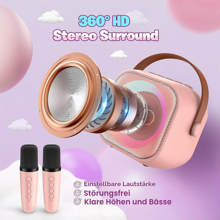 Karaoke Maschine Kinder mit 2 Mikrofonen, Mikrofon Kinder Geschenk Mädchen 3-10 Jahre, Drahtloses Mi