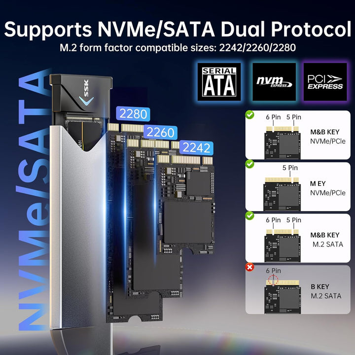 SSK Aluminium M.2 NVME SATA SSD Gehäuseadapter, USB 3.2 Gen 2 (10 Gbit/s) auf PCI-E NGFF M-Key/(B+M)