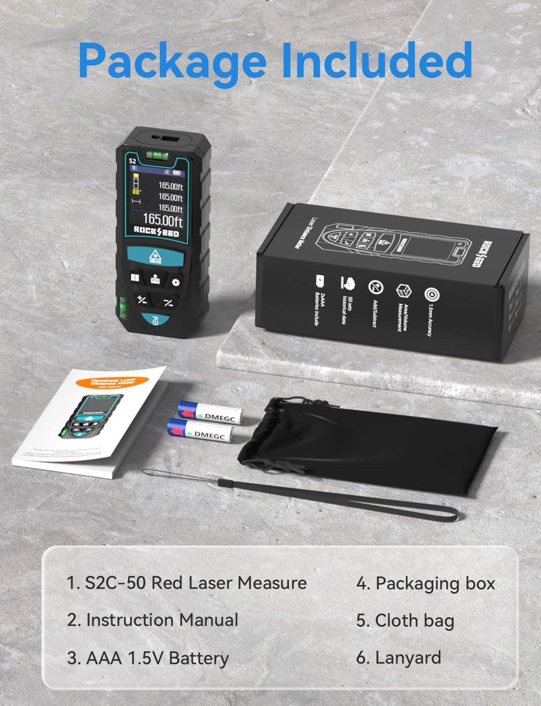 RockSeed Laser-Entfernungsmesser 50m, Drehbarer Farb-Bildschirm,5 Einheiten | 12 Messmodi, Elektroni